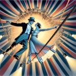 A well-dressed couple from the 1920s dancing closely on a tightrope, illuminated by a spotlight, styled in the manner of New Yorker magazine illustrations. The scene combines elegance with the thrill of a circus performance.