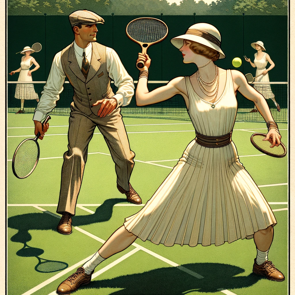 A man and woman playing tennis on a grassy court, dressed in 1920's tennis outfits and holding equipment from that era, styled in the manner of New Yorker magazine illustrations.