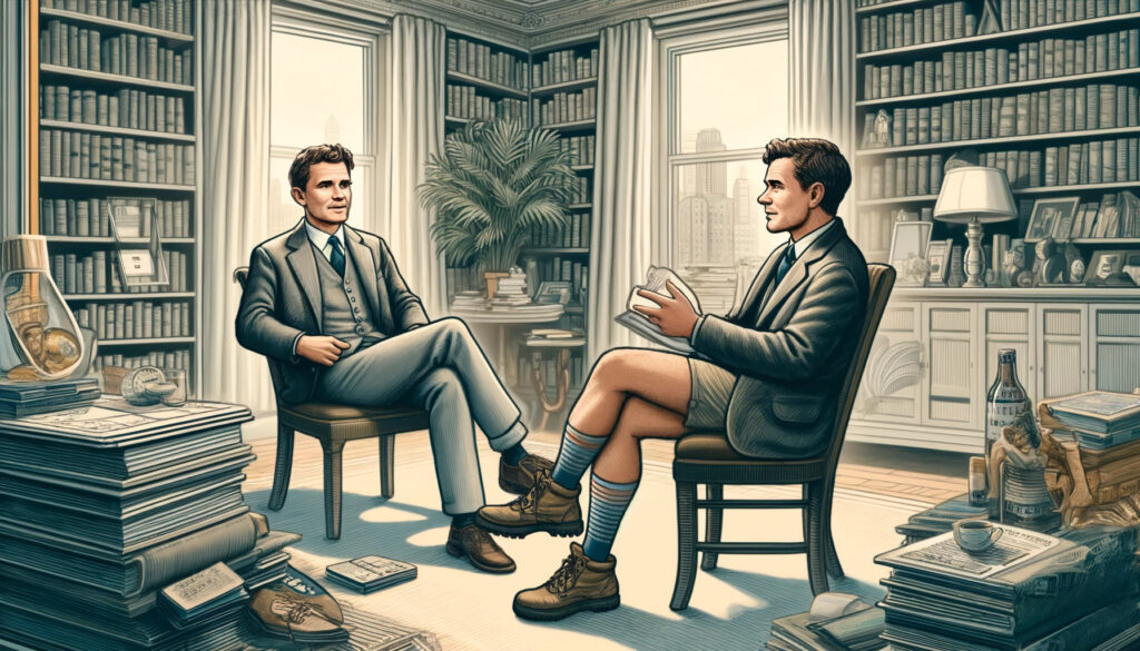 A man dressed in a suit interviewing himself, but his version that is being interviewed is dressed more casually, but smartly, as though they had been hiking. They were in a room filled with books.